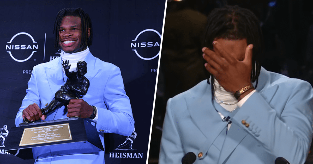 Travis Hunter se emociona al agradecer a su padre durante el discurso del Trofeo Heisman